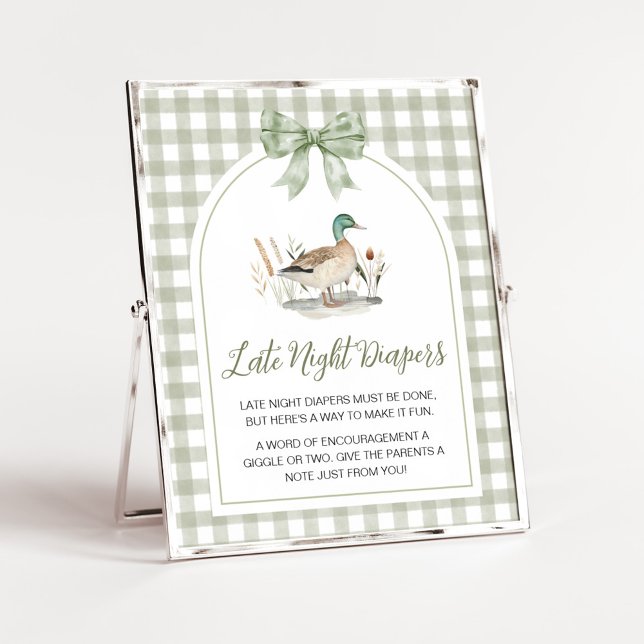 Gingham Mallard Duck Baby Spate Night Diapers Zeic Poster (Sage Green Gingham Mallard Duck Hunting Country Baby Shower Sign)