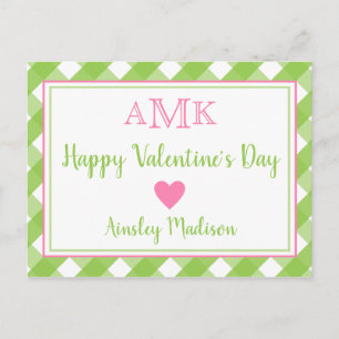 Gingham Monogram Personalisiert Valentine's Cards Postkarte