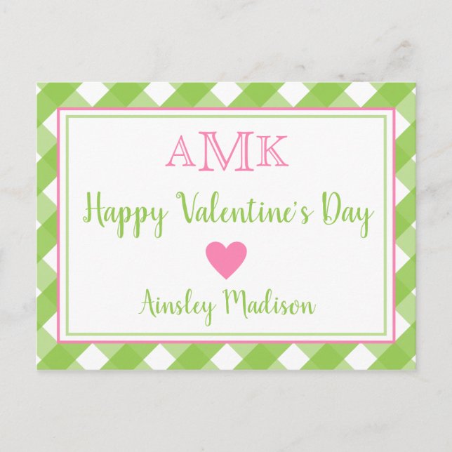 Gingham Monogram Personalisiert Valentine's Cards Postkarte (Vorderseite)