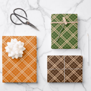 Gingham-Muster auf Forest Green Orange Dark Brown Geschenkpapier Set