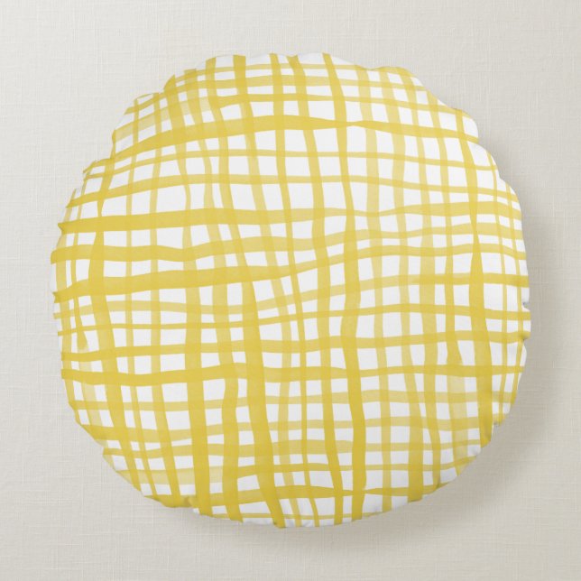 Gingham-Muster in Gelb Rundes Kissen (Vorderseite)