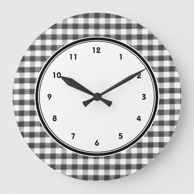 Gingham-Muster schwarz-weiß Große Wanduhr (Vorderseite)
