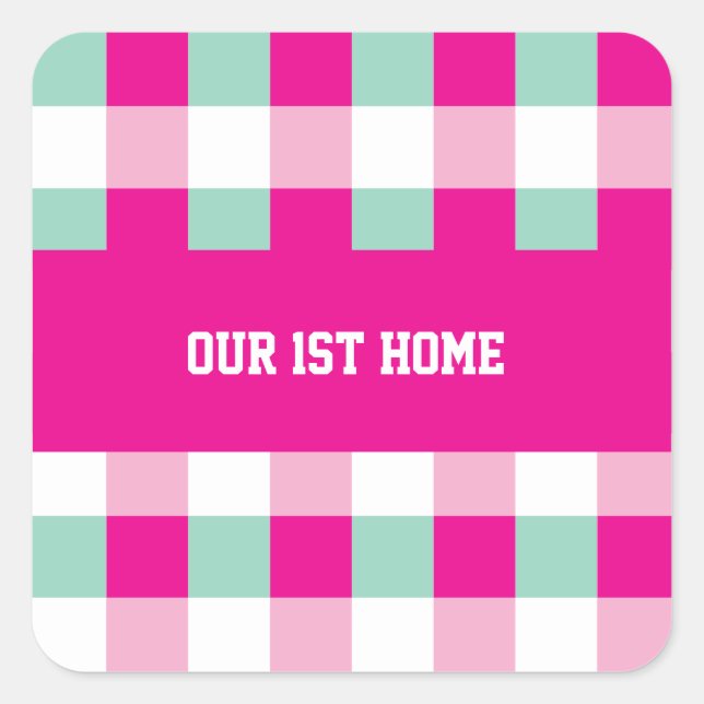 Gingham-Muster Unser 1. Zuhause Quadratischer Aufkleber (Vorderseite)