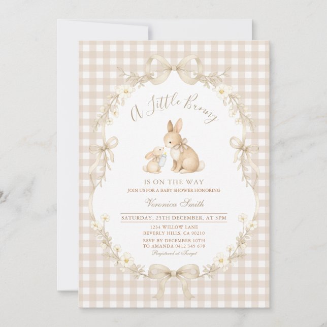 Gingham Neutral Bunny Baby Shower Invitation (Devant)