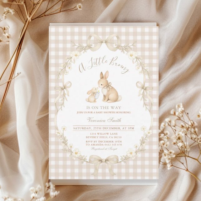 Gingham Neutral Bunny Baby Shower Invitation (Créateur téléchargé)