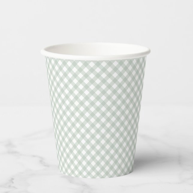 Gingham niedliche Salbei-Grün-Babydusche Pappbecher (Vorderseite)