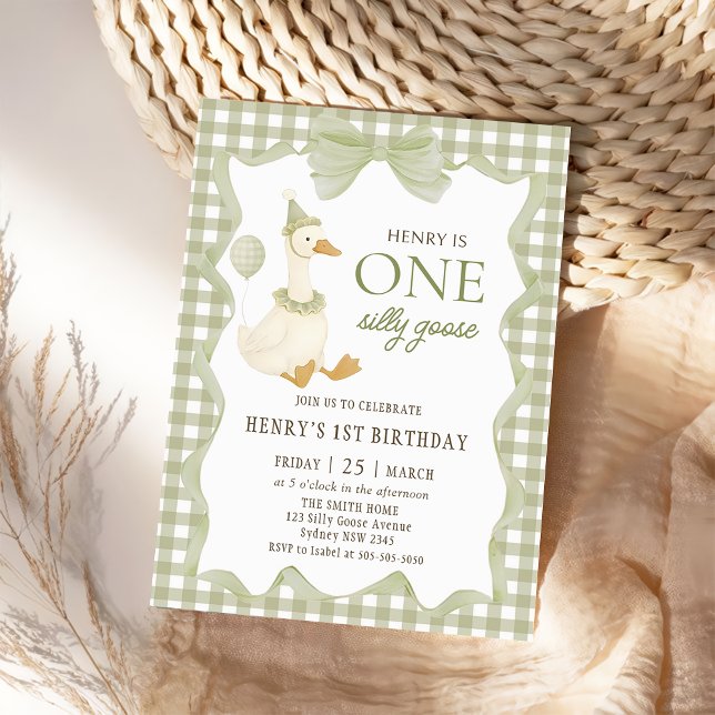 Gingham One Silly Goose 1st Birthday Invitation (Créateur téléchargé)