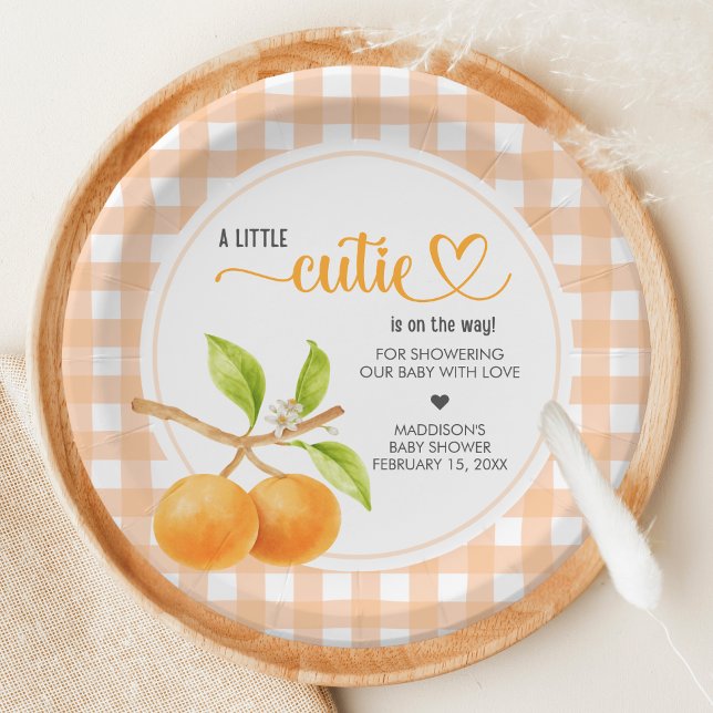Gingham Orange Babyparty Pappteller (Little Cutie Orange Baby Shower Paper Plate)