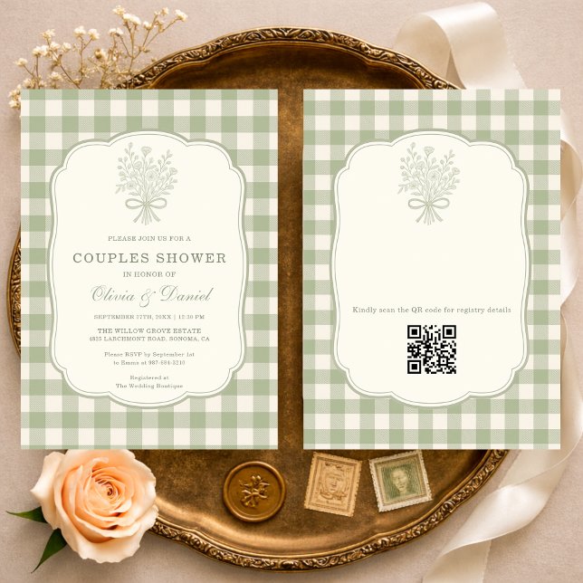 Gingham-Paar-Shower Florale Schleife QR-Code Einladung (Von Creator hochgeladen)