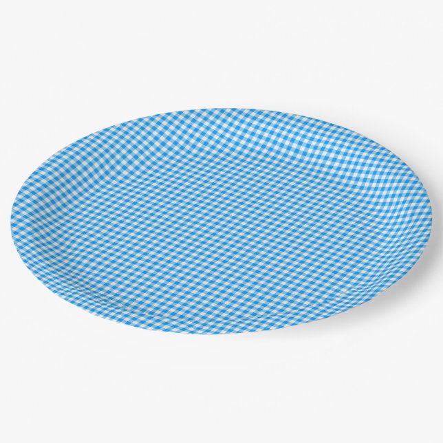 Gingham-Pastel Blue-White-PAPER-PARTY-TELLER Pappteller (Schrägansicht)