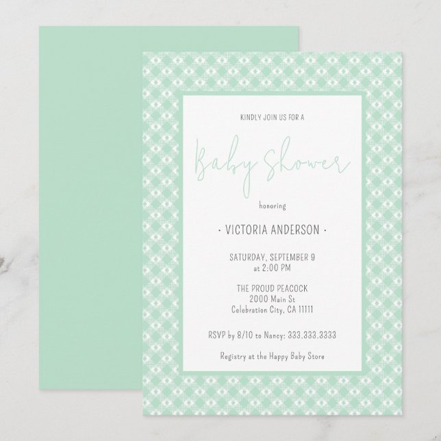 Gingham Pastel Mint Gender Neutral Baby Dusche Einladung (Vorne/Hinten)