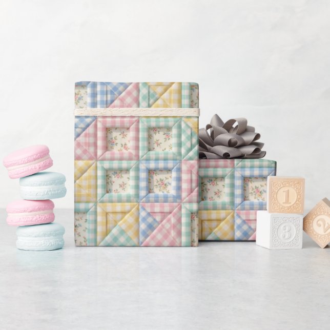 Gingham-Patchwork-Quilt-Muster Geschenkpapier (Babyparty)