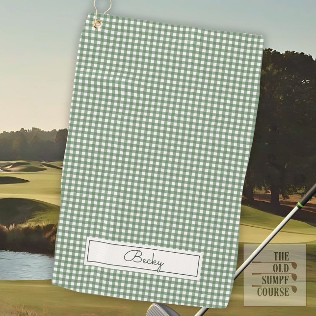 Gingham Pattern auf Grün mit Namen Golfhandtuch (Von Creator hochgeladen)