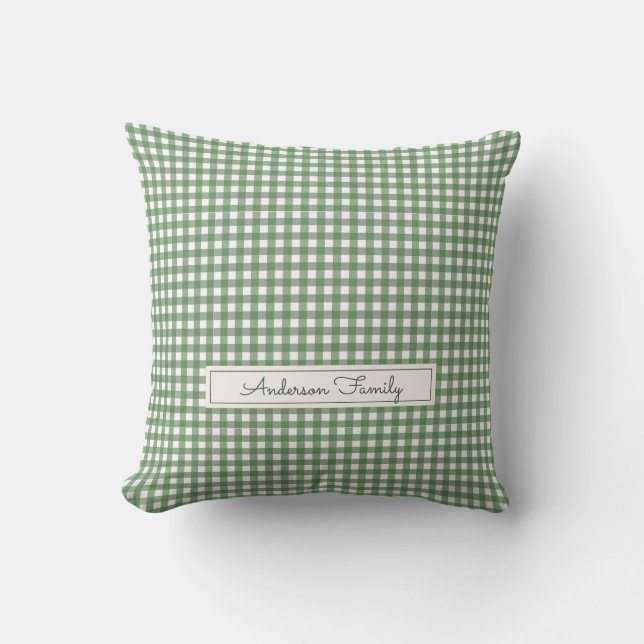 Gingham Pattern in Green with Family Name Kissen (Vorderseite)