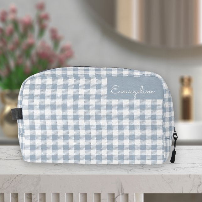 Gingham Pattern Plaid Preppy Check Blue White Name Waschbeutel (Von Creator hochgeladen)