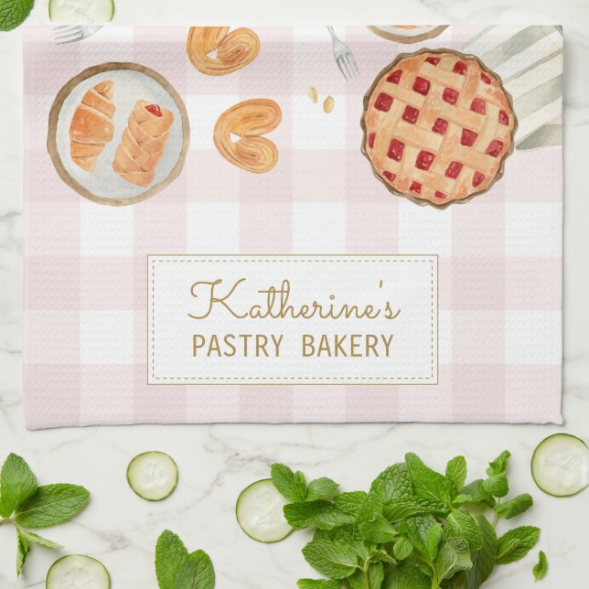 Gingham Pattern Watercolor Pastries Backbäckerei Geschirrtuch (Gefaltet)