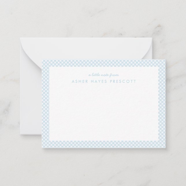Gingham personalisiertes Kinderblau Mitteilungskarte (Vorderseite)