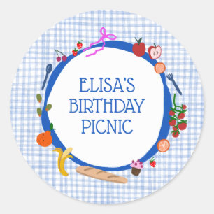 Gingham Picknick Modern Süß INDIVIDUELLE GEBURTSTA Runder Aufkleber