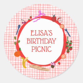 Gingham Picnic Moderne Niedliche CUSTOM BIRTHDAY P Runder Aufkleber