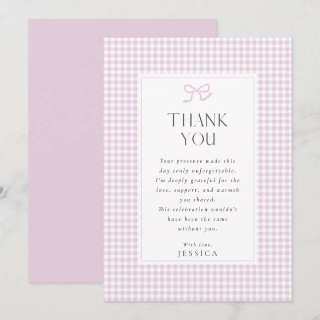 Gingham Pink Bow Baby Girl Danke Karte (Vorne/Hinten)