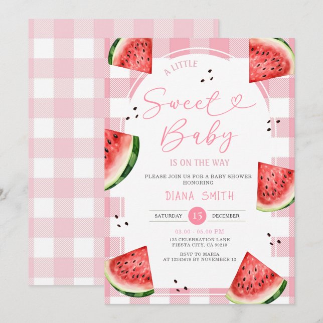 Gingham Pink Bow Watermelon Baby Shower Einladung (Vorne/Hinten)