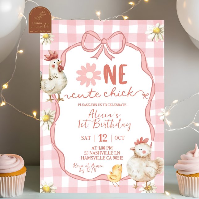 Gingham Pink Daisy One Cute Chick 1st Birthday Einladung (Von Creator hochgeladen)
