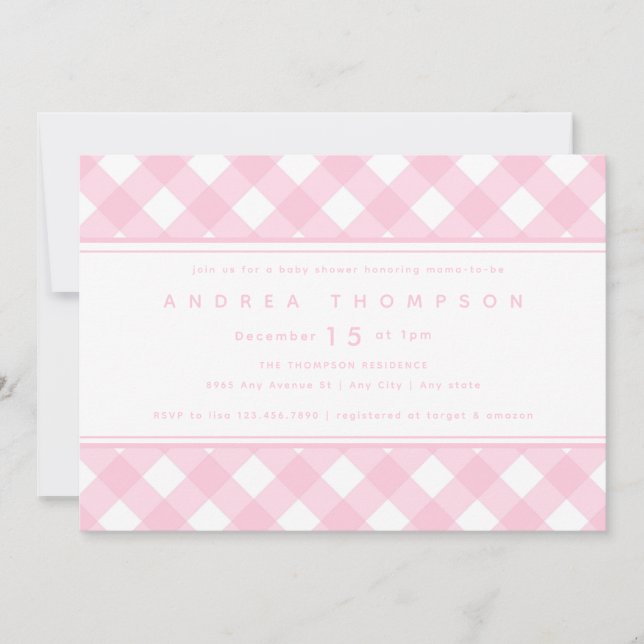 Gingham Pink | Einladung eines Mädchenbabys (Vorderseite)