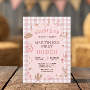 Gingham Pink Girl My First Rodeo Cowgirl Birthday Einladung