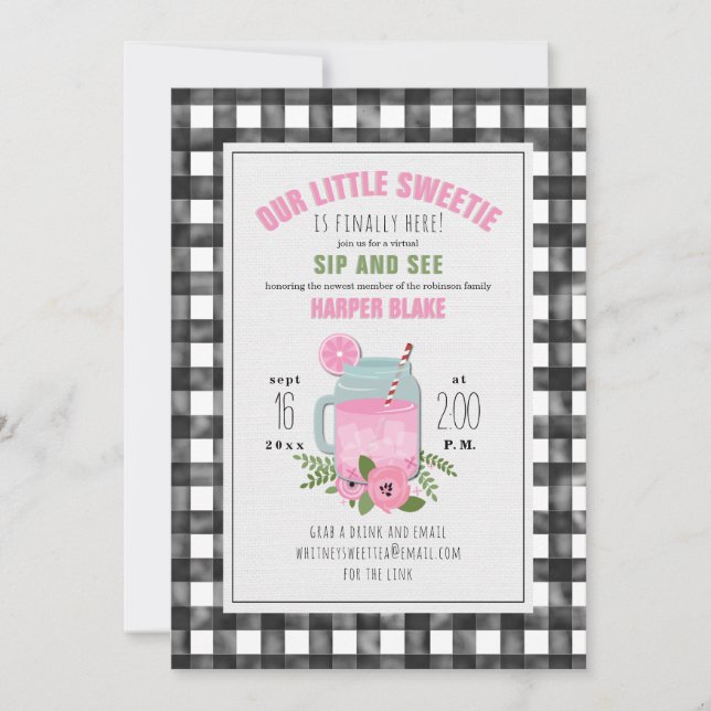 Gingham Pink Lemonade Baby Girl Virtual Sip & See Einladung (Vorderseite)
