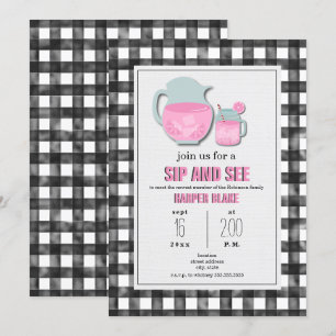 Gingham Pink Lemonade Sip & See Baby Einladung