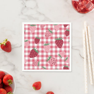 Gingham Pink & Red Strawberry Berry Serviette