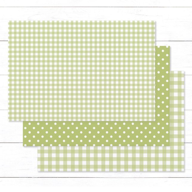 Gingham Polka Dots Light Green Mix and Match Geschenkpapier Set (Elegant light green gingham checks and white polka dots wrapping paper sheets.)