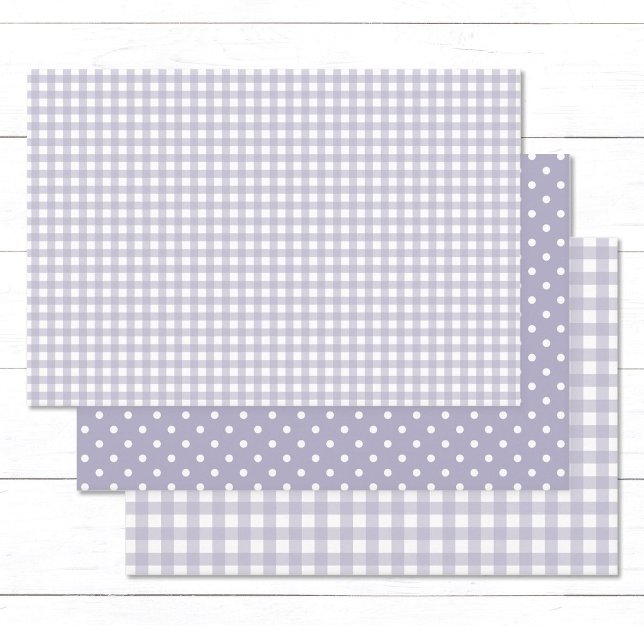 Gingham Polka Dots Pastel Lavender Mix und Match Geschenkpapier Set (Elegant lavender gingham checks and white polka dots wrapping paper sheets.)