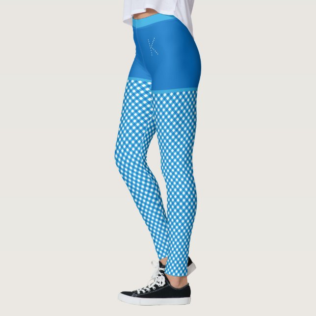 Gingham Print Blue White Monogram Personalisiert Leggings (Links)