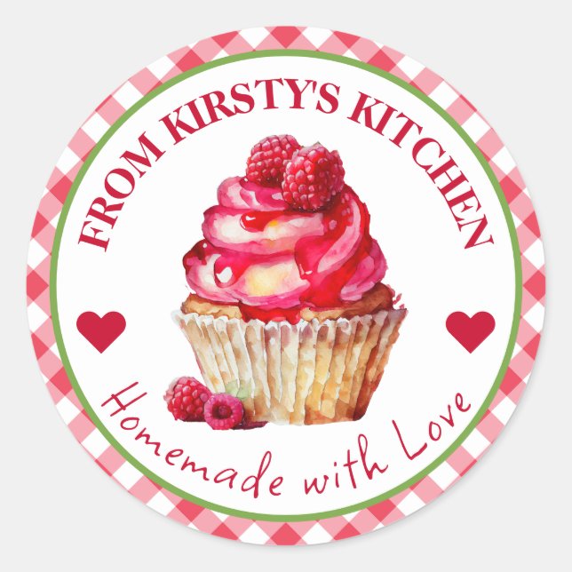 Gingham Raspberry Cake Label Runder Aufkleber (Vorderseite)