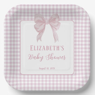 Gingham-Rosa-Schleife Baby-Einweihung Pappteller