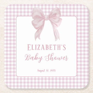 Gingham-Rosa-Schleife-Baby-Shower-Getränkeunterset Rechteckiger Pappuntersetzer