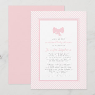Gingham rosa Schleife virtuelle Babyparty Einladung