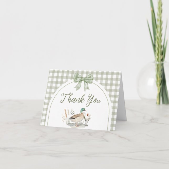 Gingham Sage Green Mallard Duck Baby Duck Dankeskarte (Vorderseite)