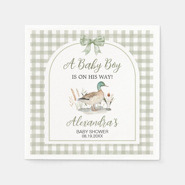 Gingham Sage Green Mallard Duck Baby Duck Serviette (Vorderseite)