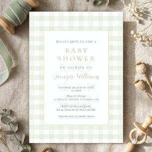 Gingham Salbei-Grün Babyparty-Einladung Einladung