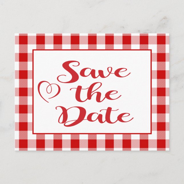 Gingham Save the Date Wedding Red White Karos Ankündigungspostkarte (Vorderseite)