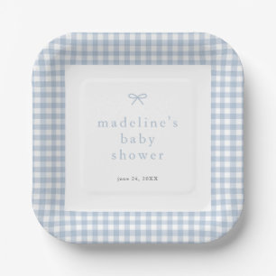 Gingham Simple Bow Dusty Blue Boys Baby Shower Pappteller