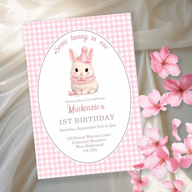 Gingham Some Bunny Is One Birthday Personalized Einladung (Gingham Some Bunny Is One Birthday Personalized Invitation by Ricaso. Pink bunny rabbit party)
