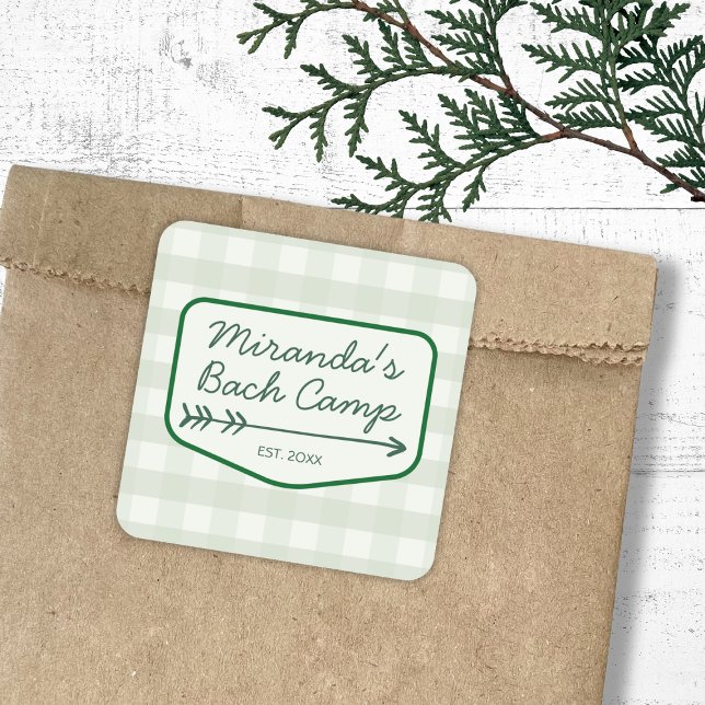 Gingham Summer Camp Bachelorette Camping Quadratischer Aufkleber (Gingham Summer Camp Bachelorette Camping Square Sticker)