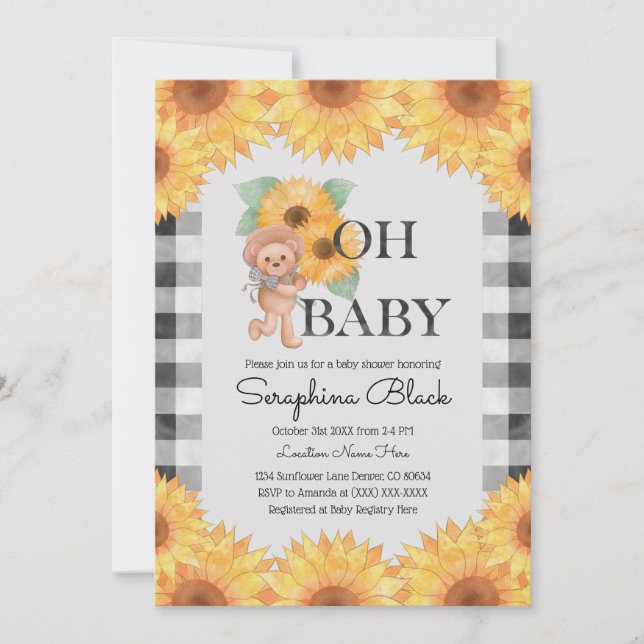 Gingham Sunflower Teddy Bear Baby Shower Einladung (Vorderseite)