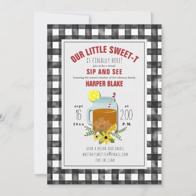 Gingham Sweet Tea Floral Baby Virtual Sip & See Einladung (Vorderseite)