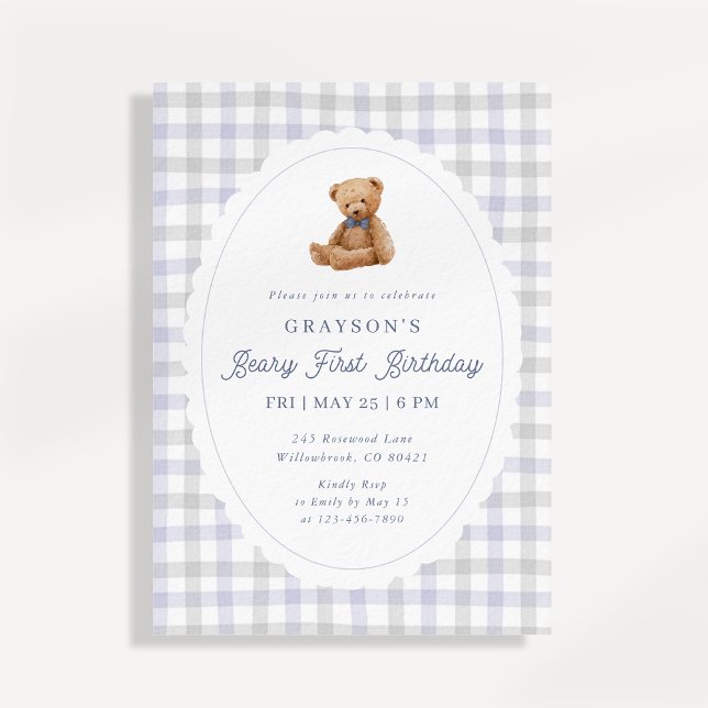 Gingham Teddy Bear Beary First Birthday Invitation Ankündigung (Von Creator hochgeladen)