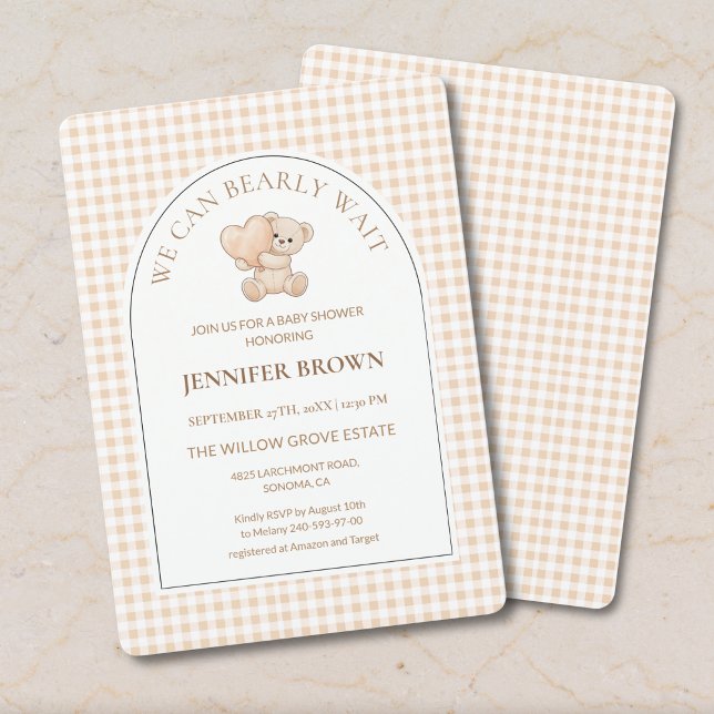 Gingham Teddy Bear We Can Bearly Wait Baby Shower  Einladung (Von Creator hochgeladen)