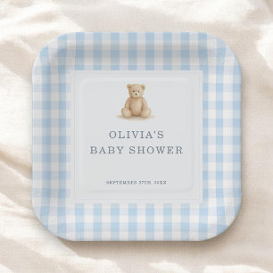 Gingham Teddybär Blau Jungen Baby Shower Party Pappteller